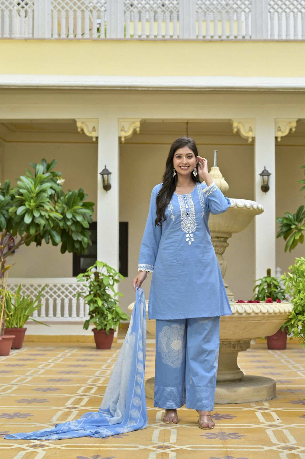 Gindly Grace Blue Embroidered Straight Kurti