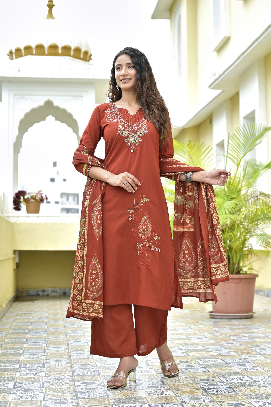 Gindly Maroon Floral Embroidery A Line Kurti