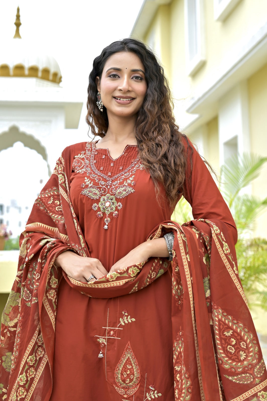 Gindly Maroon Floral Embroidery A Line Kurti