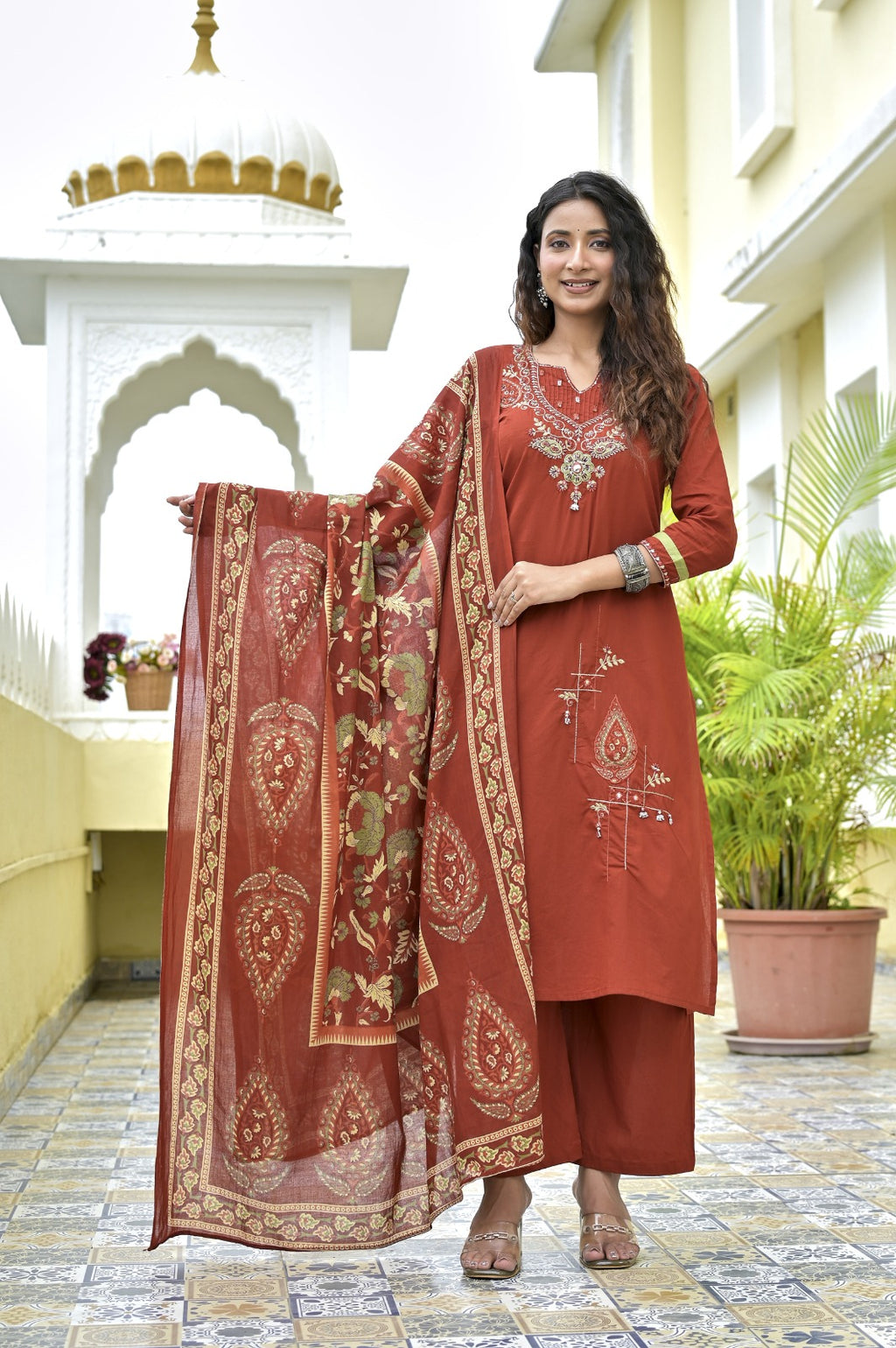Gindly Maroon Floral Embroidery A Line Kurti