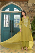 Gindly Olive Green Kurti Set with White Floral Embroidery