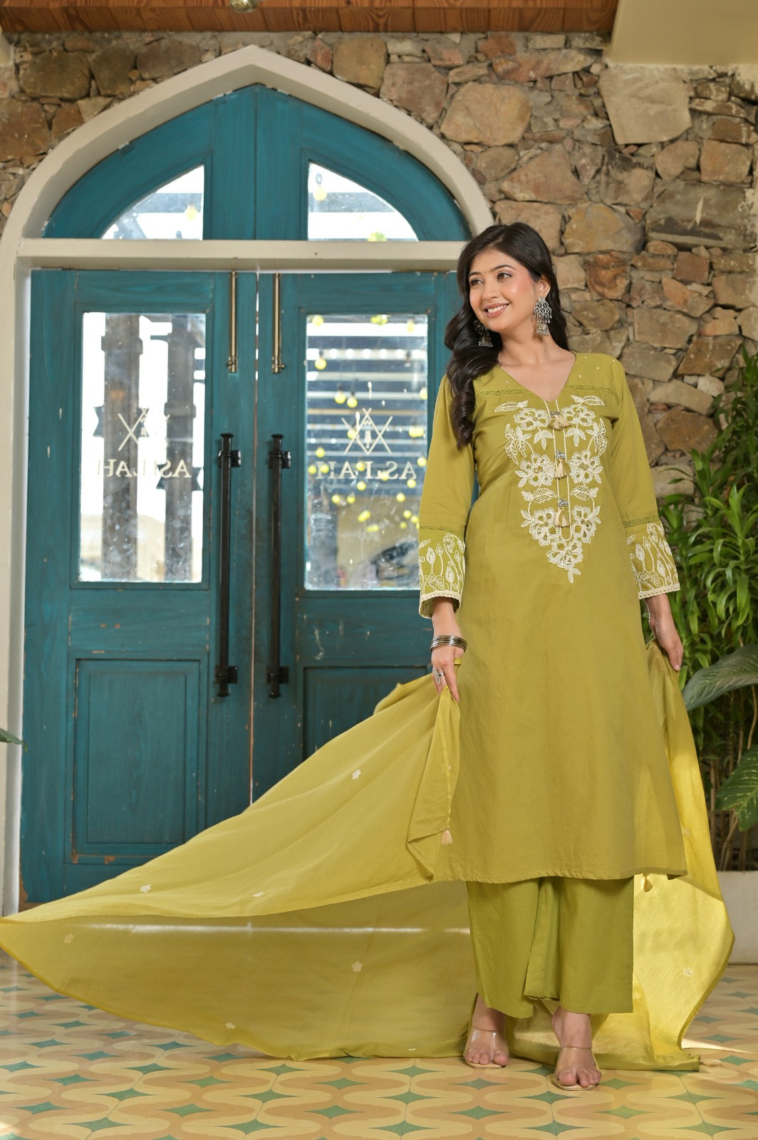 Gindly Olive Green Kurti Set with White Floral Embroidery