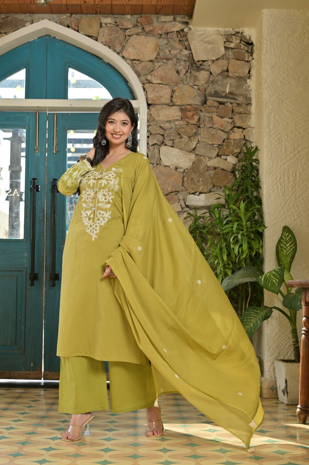 Gindly Olive Green Kurti Set with White Floral Embroidery