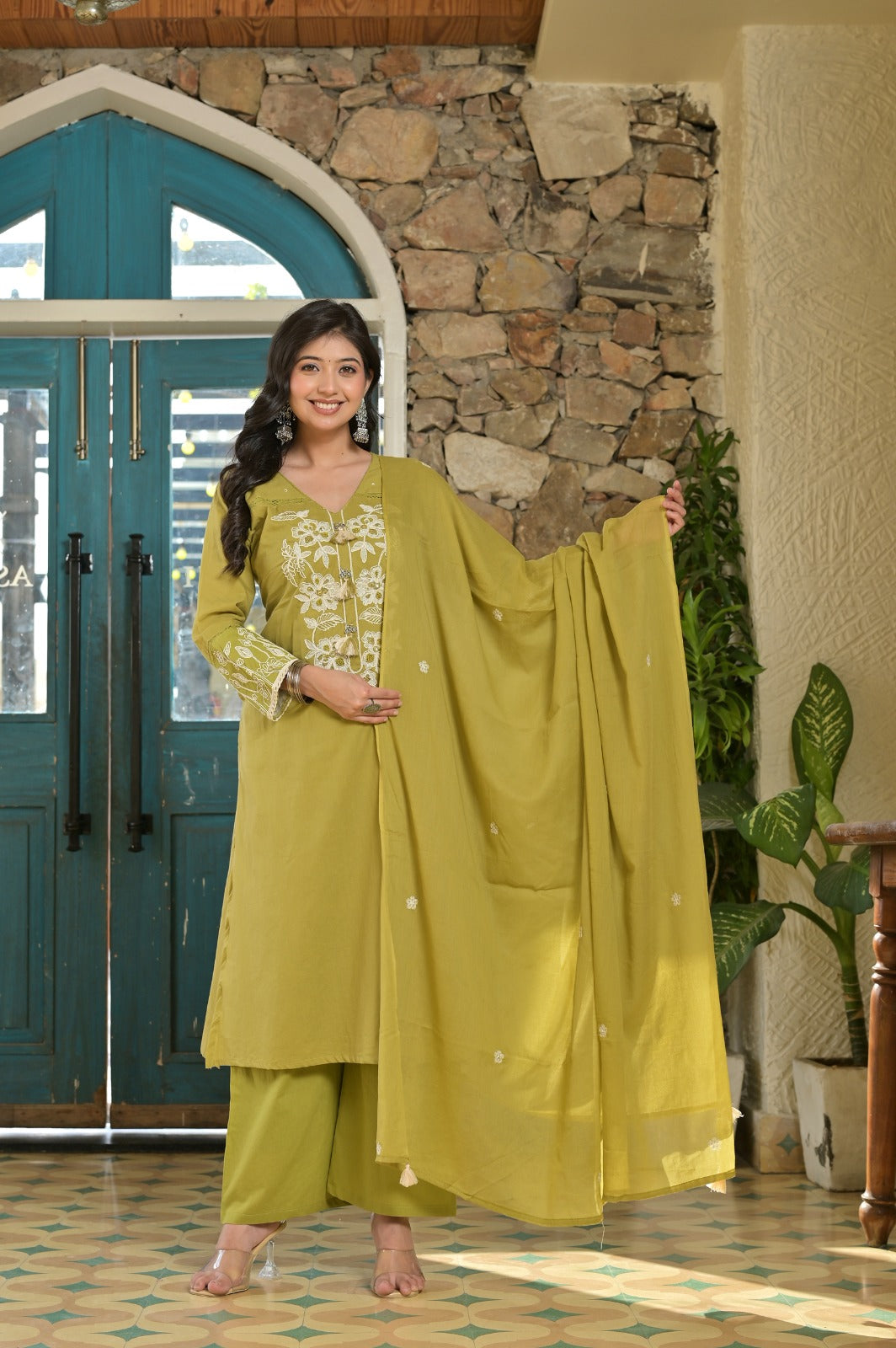 Gindly Olive Green Kurti Set with White Floral Embroidery