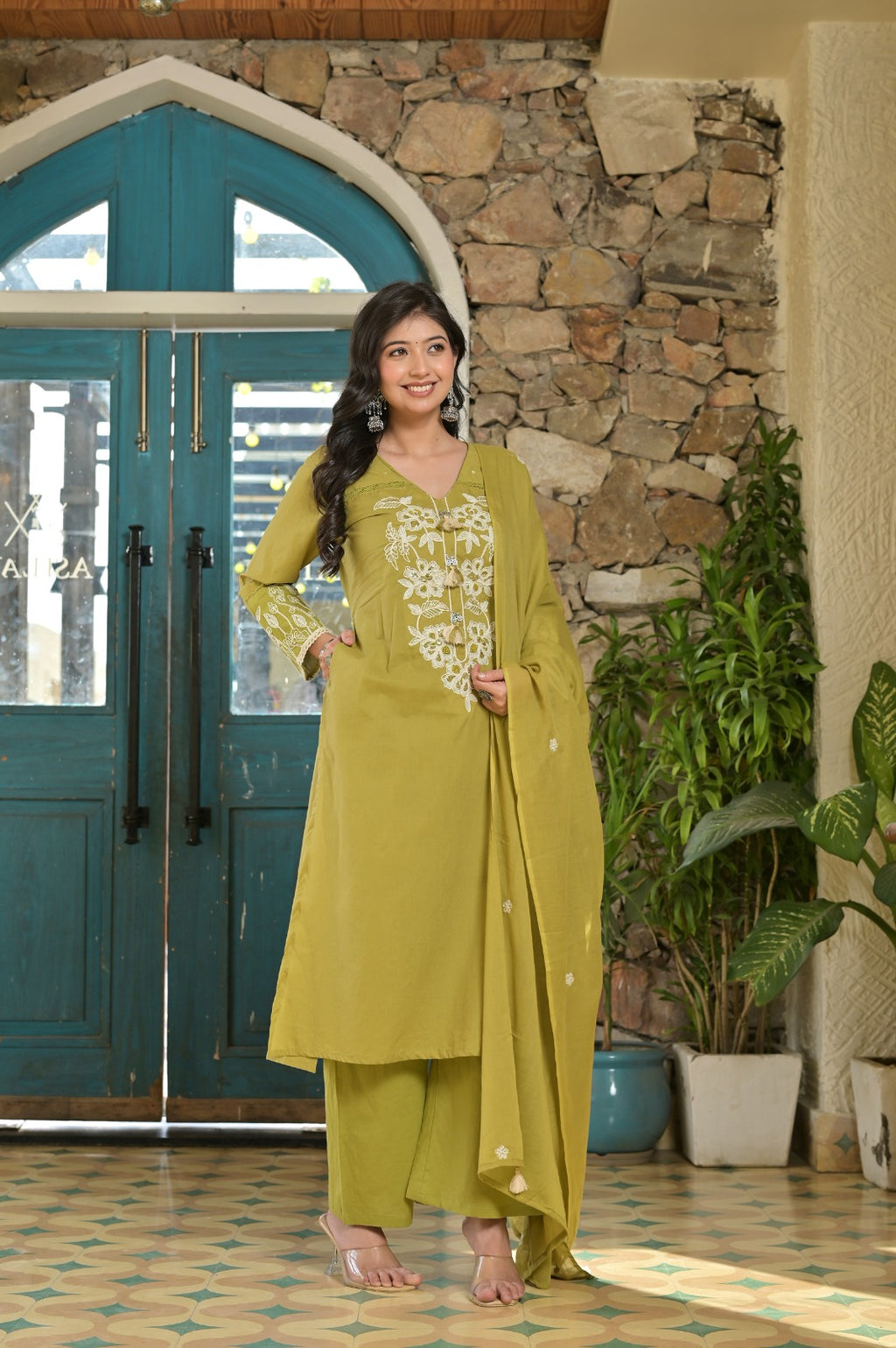 Gindly Olive Green Kurti Set with White Floral Embroidery