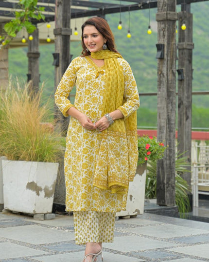 Gindly Pure Cotton Embroidered Straight Women's Ethnic Wear Kurta Pant Dupatta Set
