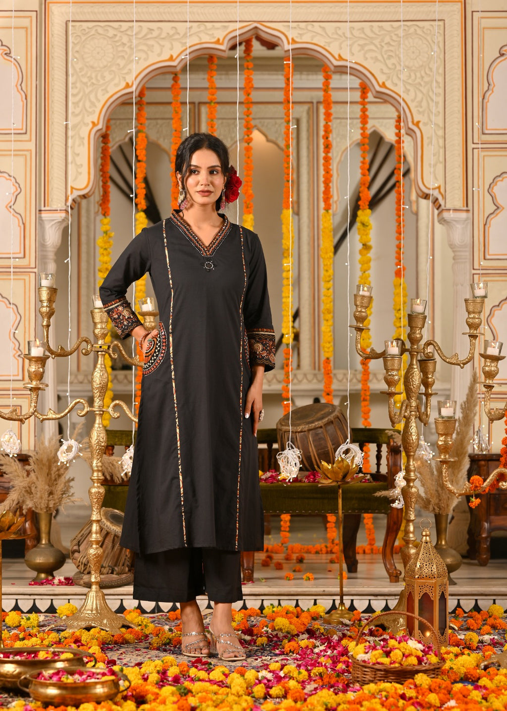 Three Piece Embroieded Kurta Palazzo Set with Dupatta