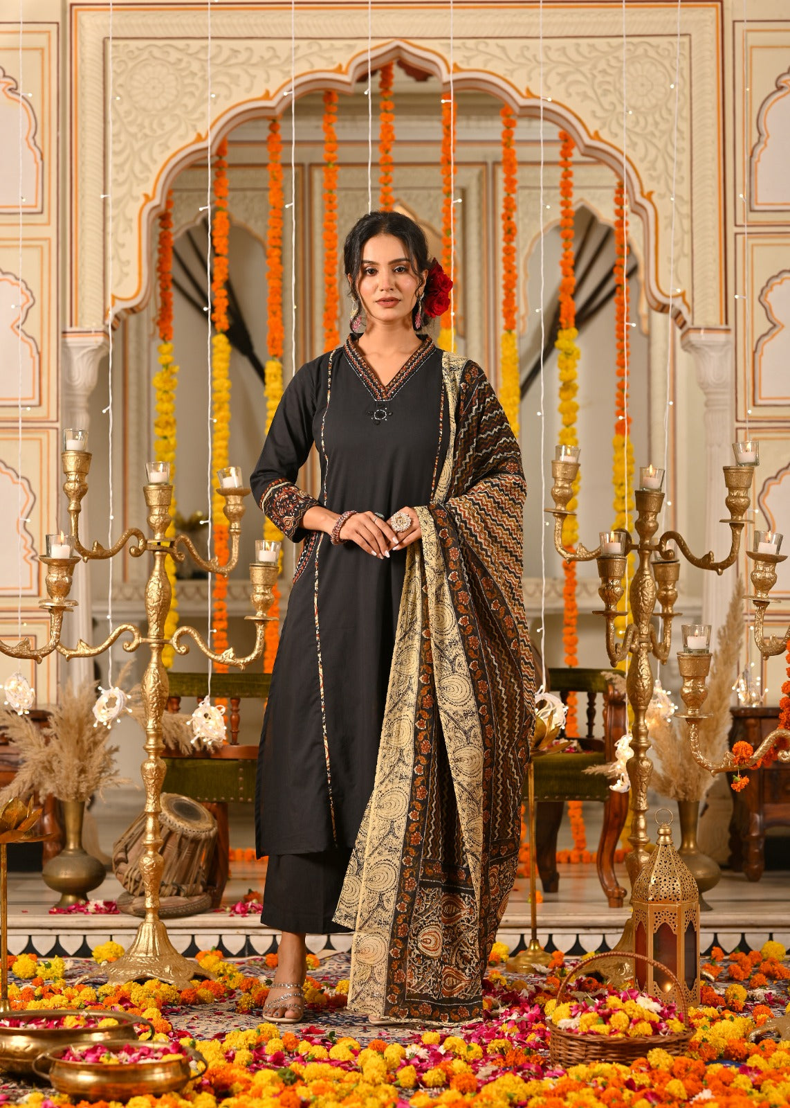 Three Piece Embroieded Kurta Palazzo Set with Dupatta