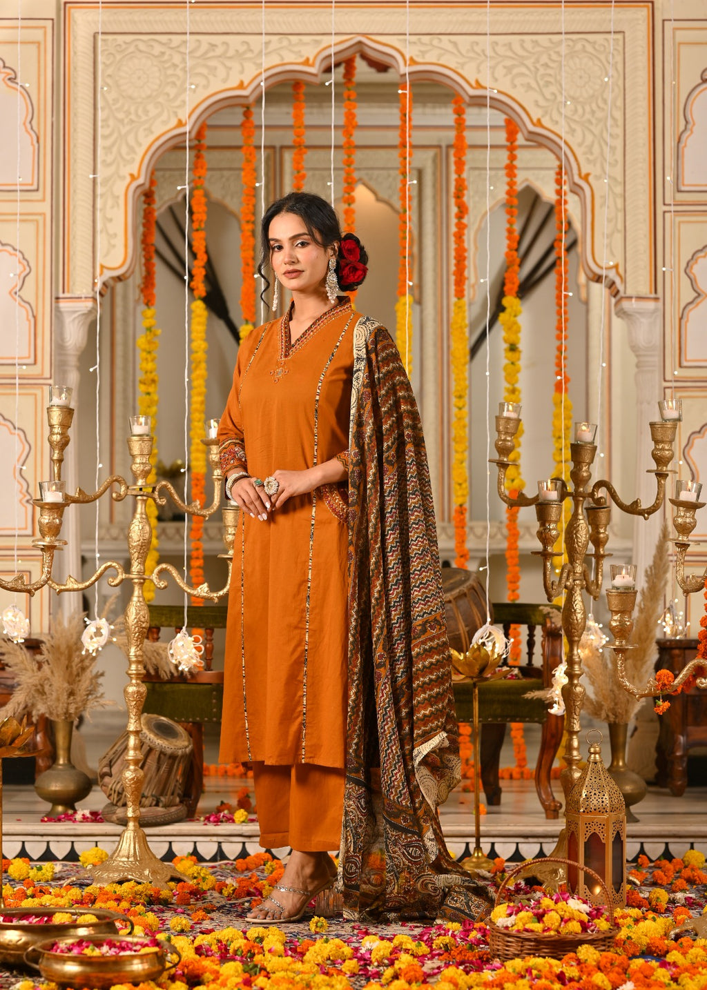 Three Piece Embroieded Kurta Palazzo Set with Dupatta