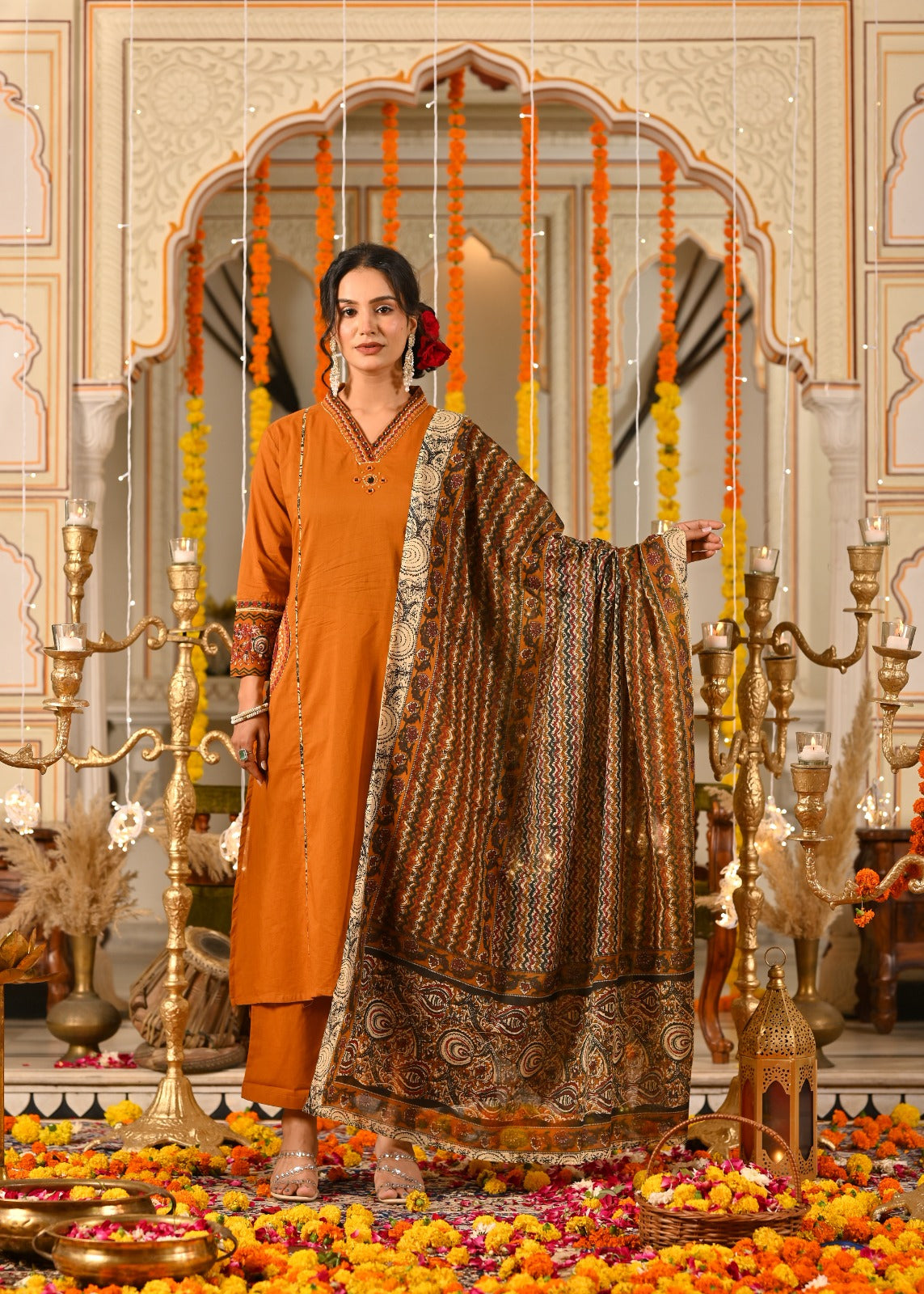 Three Piece Embroieded Kurta Palazzo Set with Dupatta