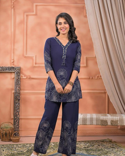 GINDLY FLORAL PRINT CO-ORD SET V-NECK STYLE 3/4 SLEEVES