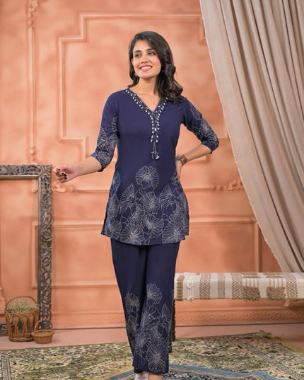 GINDLY FLORAL PRINT CO-ORD SET V-NECK STYLE 3/4 SLEEVES