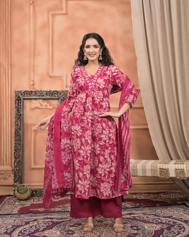 Gindly Pure Cotton Embroidered v-neck Floral Print Anarkali Women's Ethnic Wear Set