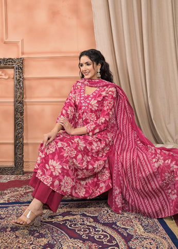 Gindly Pure Cotton Embroidered v-neck Floral Print Anarkali Women's Ethnic Wear Set