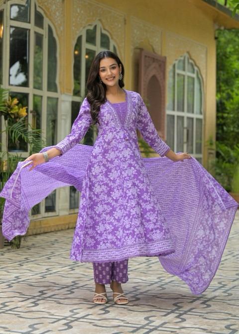 Gindly Pure Cotton Embroidered Anarkali Women's Ethnic Wear Set