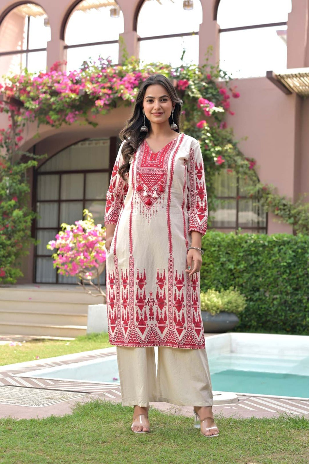 Red & Ivory Bandhani-Style Embroidery Kurti