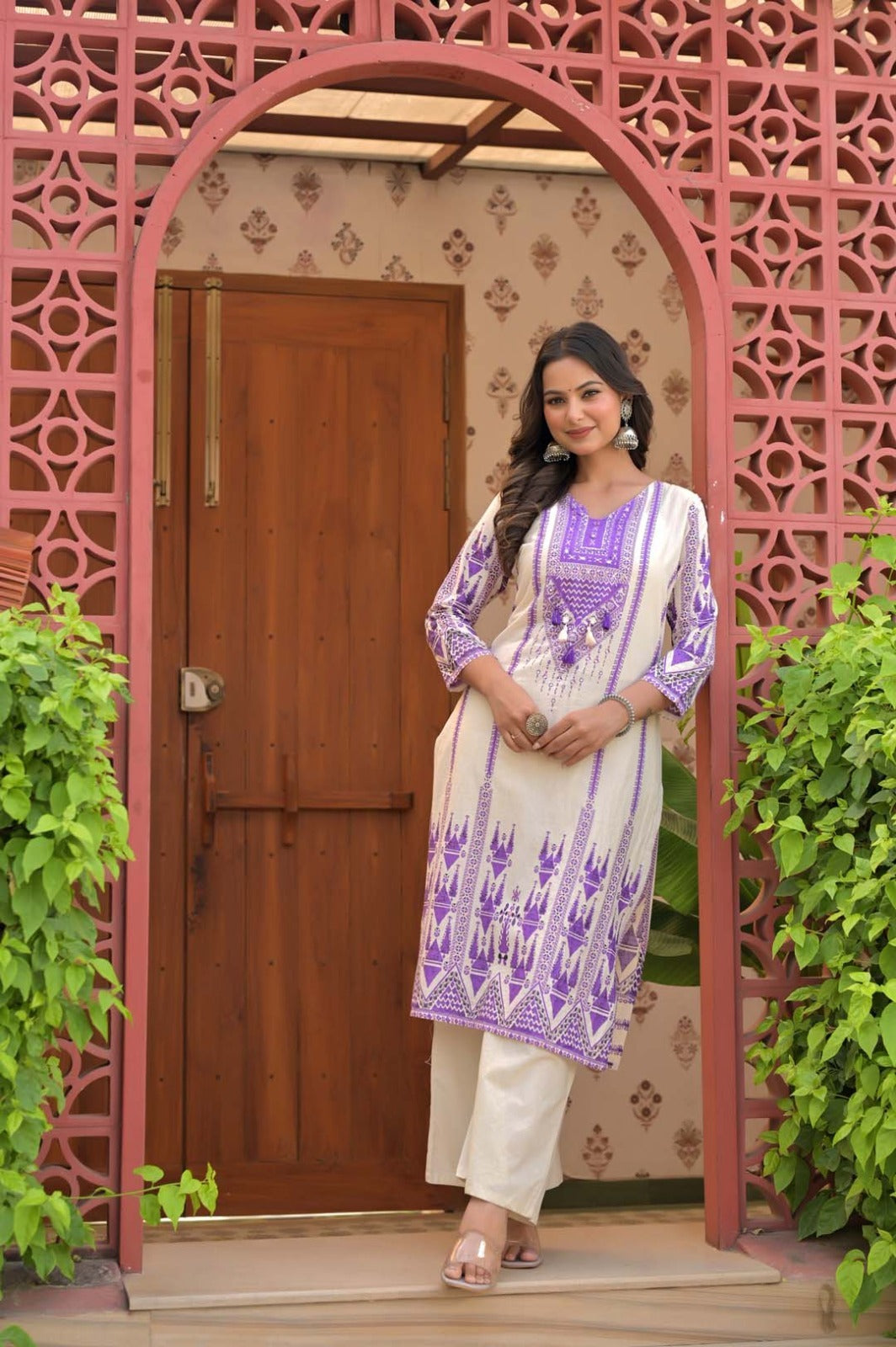 Purple & Ivory Bandhani-Style Embroidery Kurti