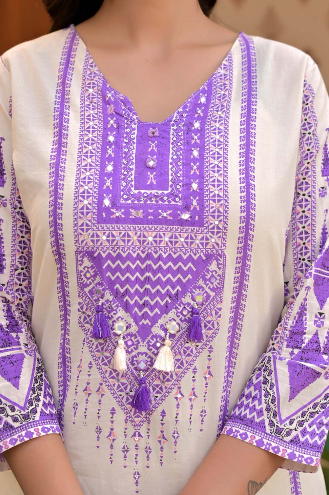 Purple & Ivory Bandhani-Style Embroidery Kurti