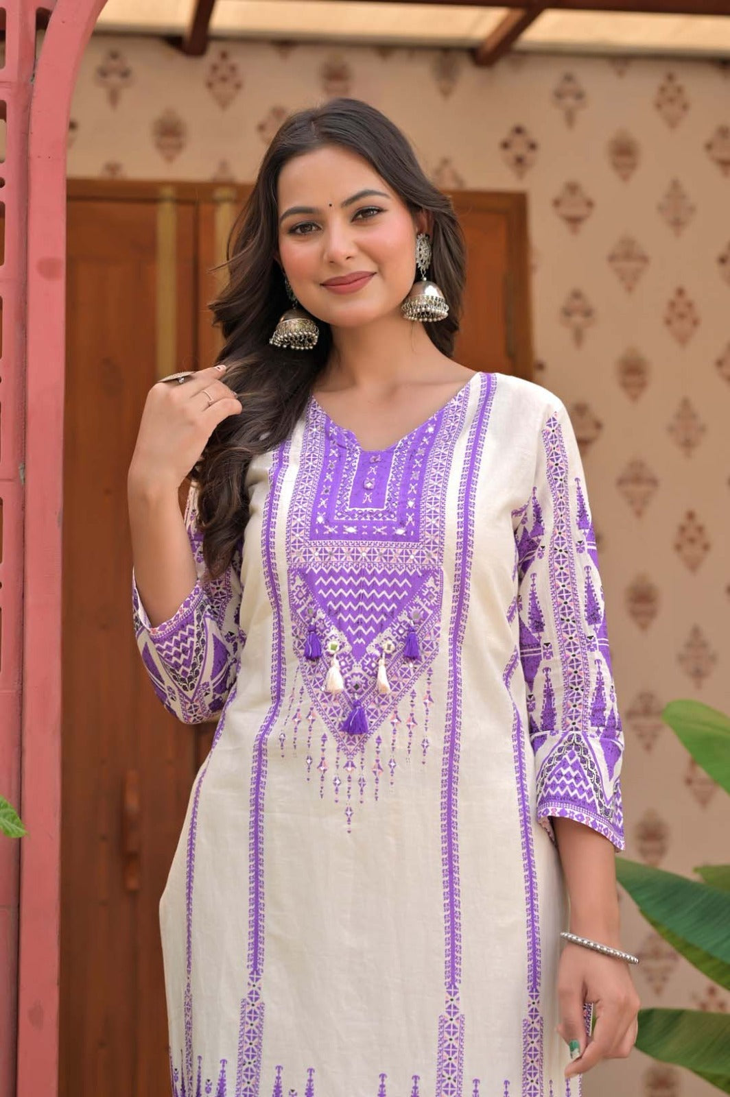 Purple & Ivory Bandhani-Style Embroidery Kurti