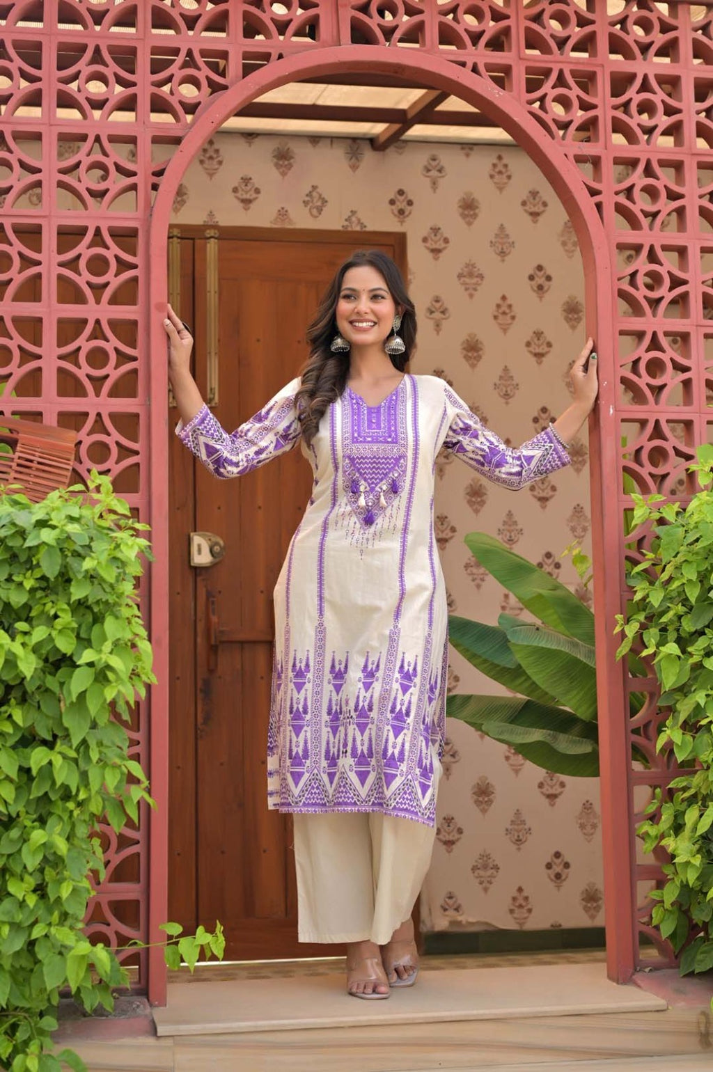 Purple & Ivory Bandhani-Style Embroidery Kurti