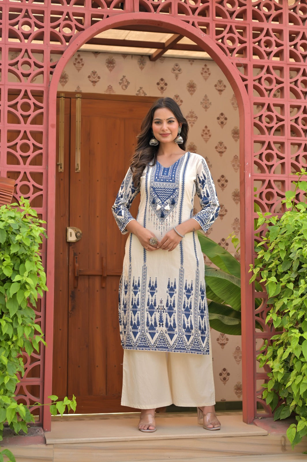 Gindly Blue & Ivory Bandhani-Style Embroidery Kurti Palazzo set