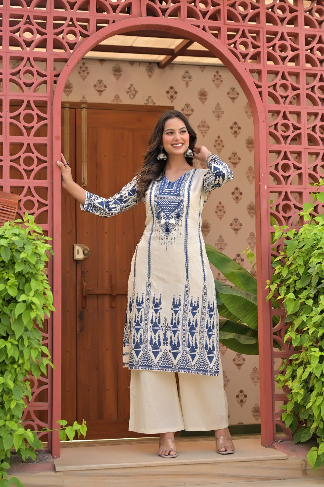 Gindly Blue & Ivory Bandhani-Style Embroidery Kurti Palazzo set