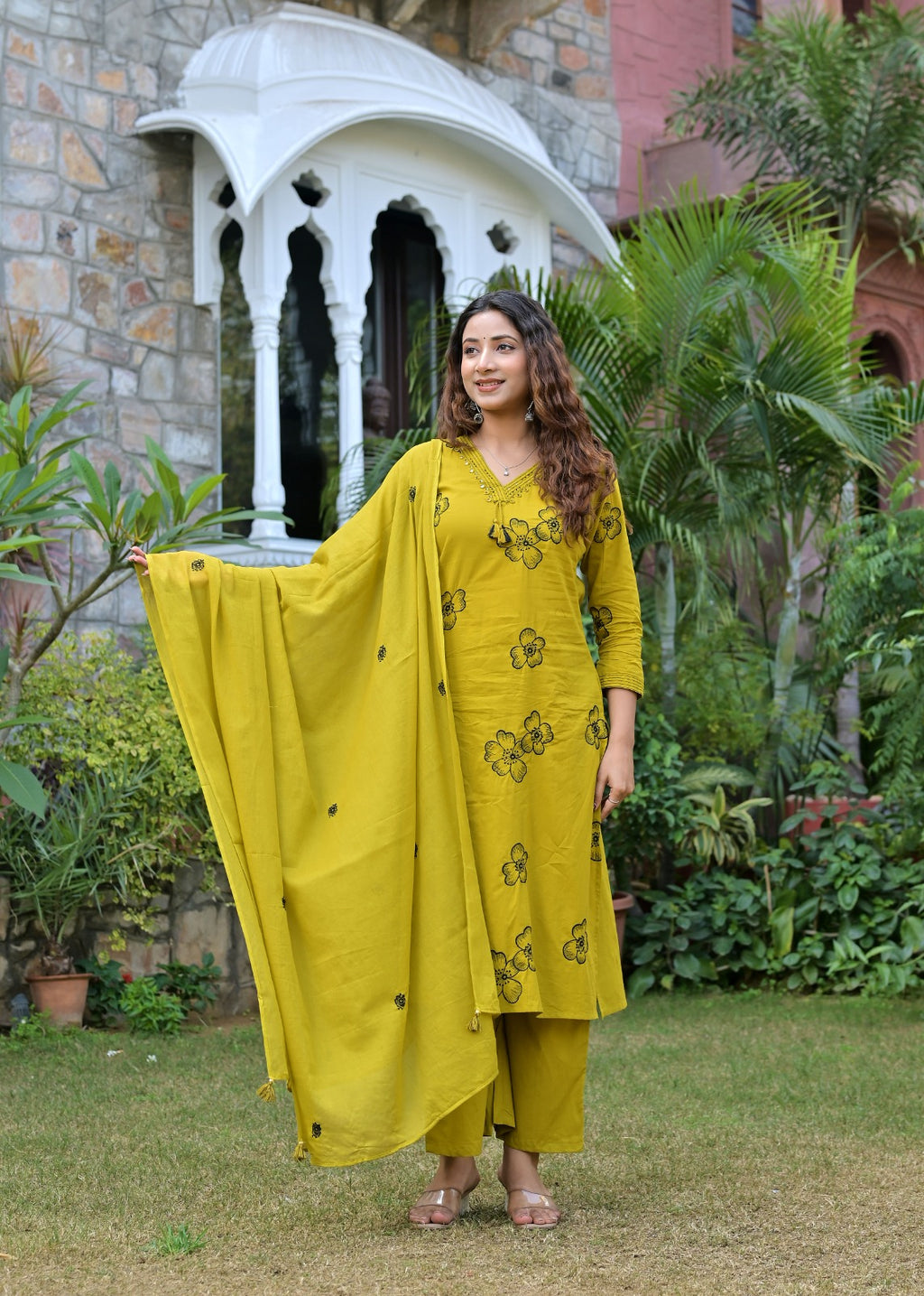 Gindly Mustard Floral Embroidered Straight Kurti