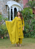 Gindly Mustard Floral Embroidered Straight Kurti