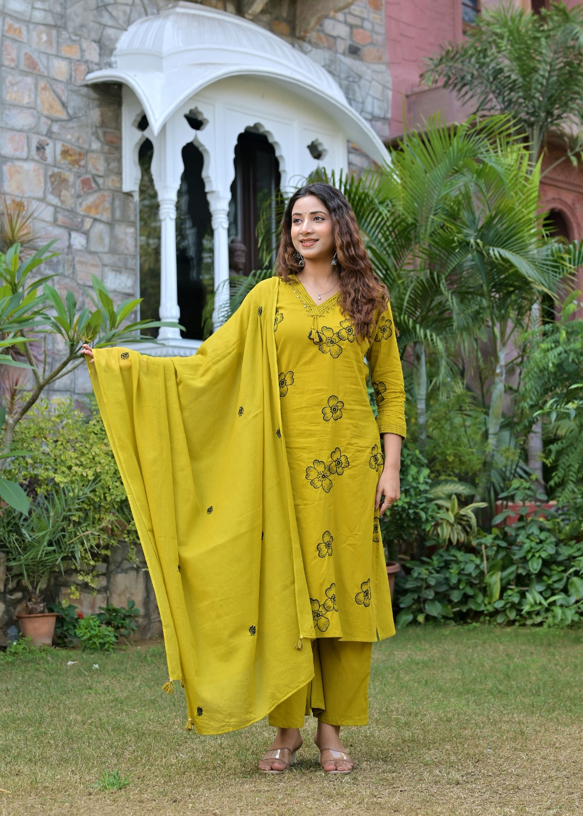 Gindly Mustard Floral Embroidered Straight Kurti
