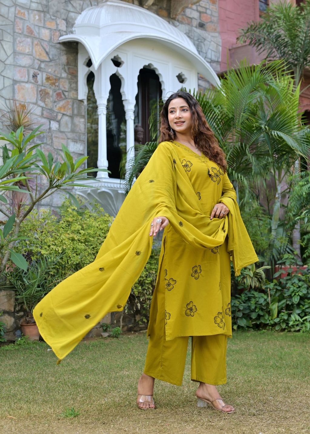 Gindly Mustard Floral Embroidered Straight Kurti