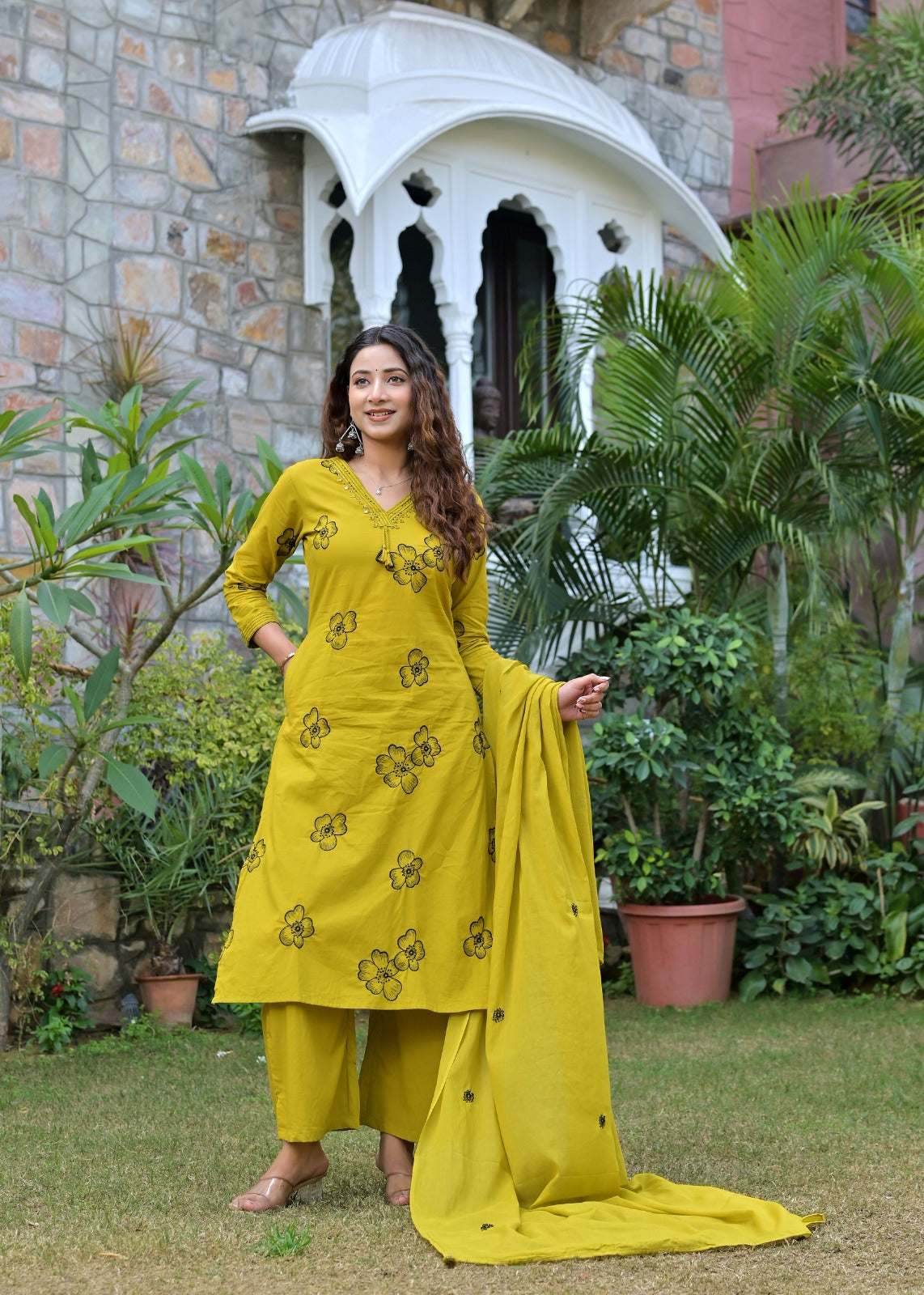 Gindly Mustard Floral Embroidered Straight Kurti