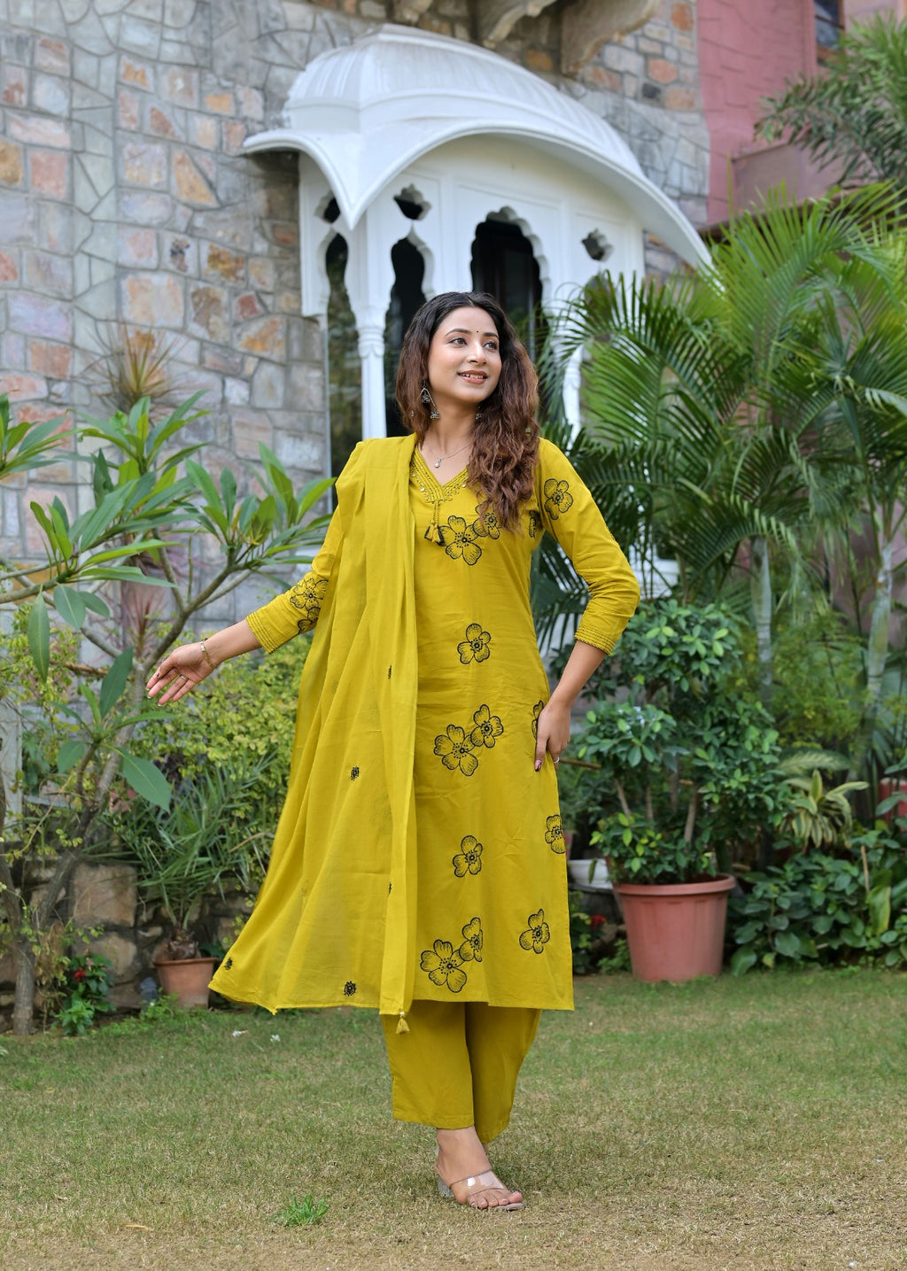 Gindly Mustard Floral Embroidered Straight Kurti