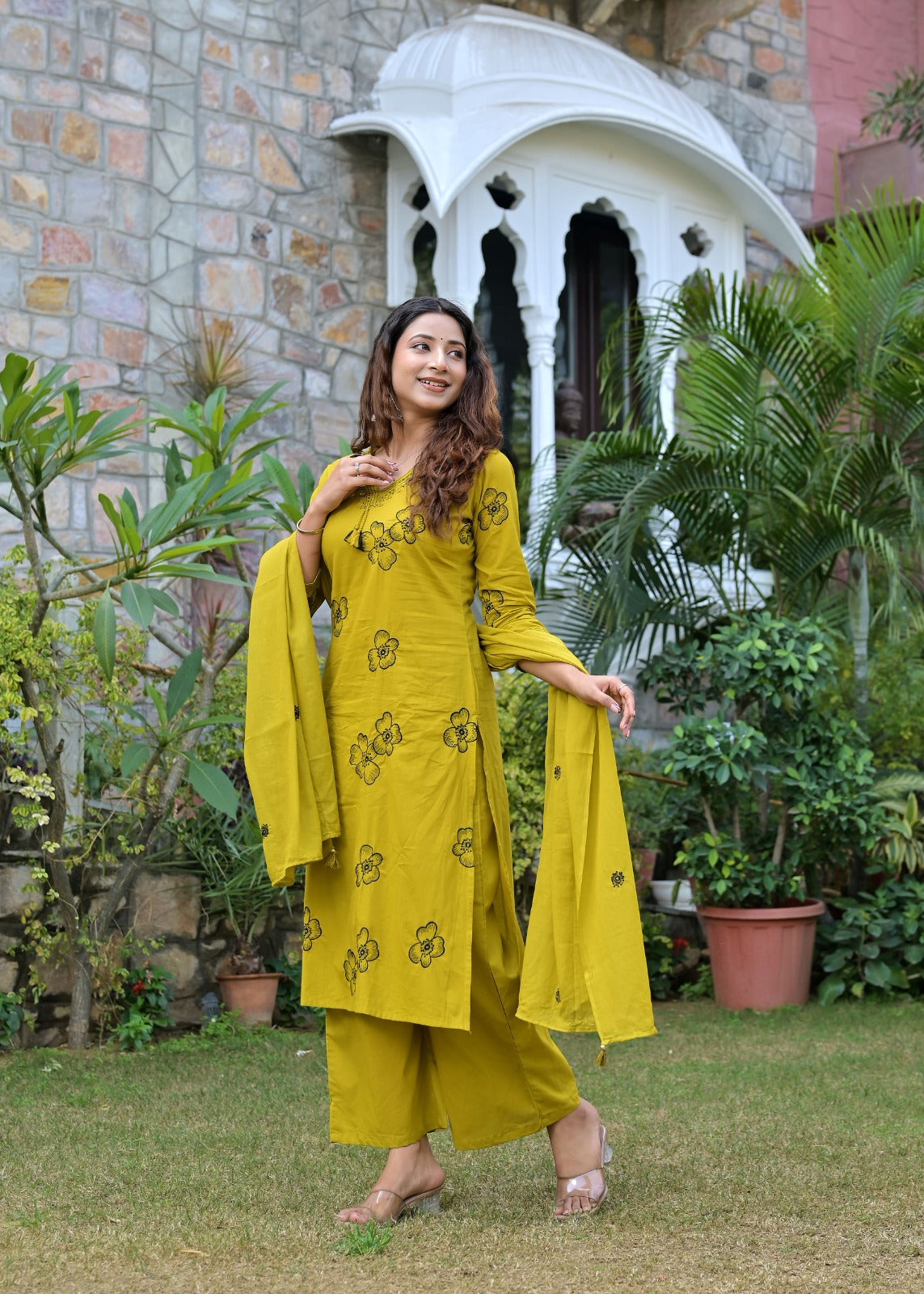 Gindly Mustard Floral Embroidered Straight Kurti