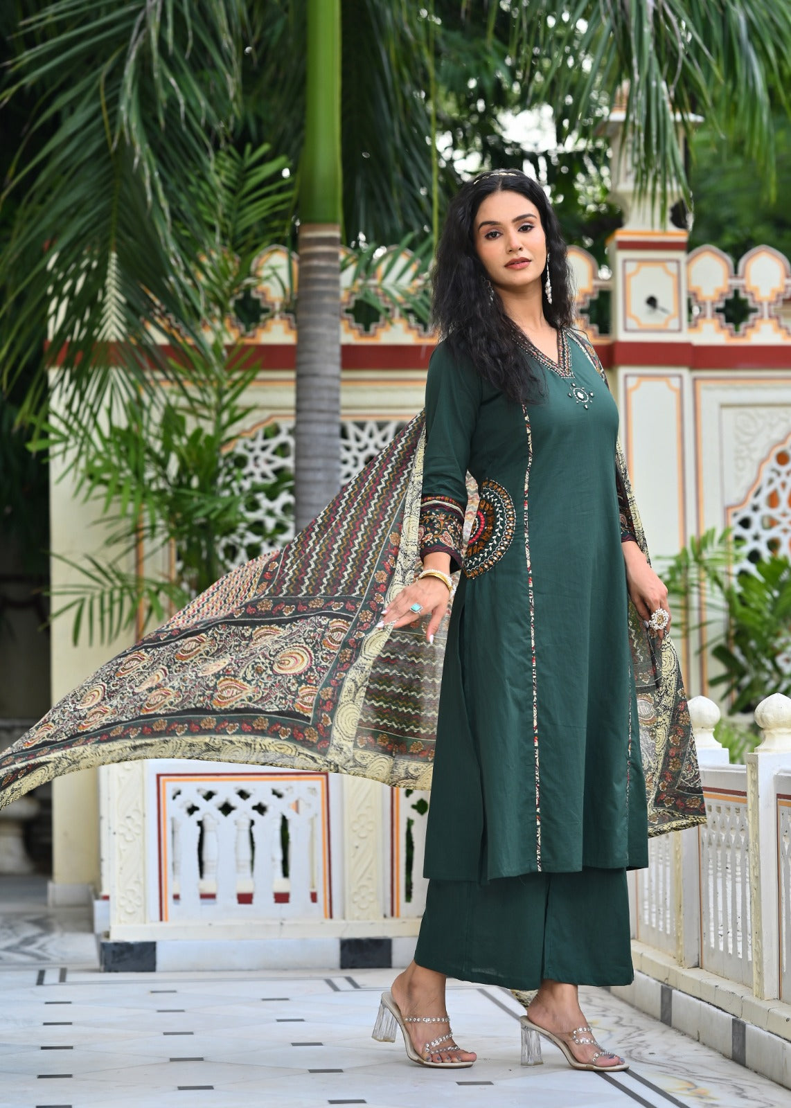 Three Piece Embroieded Kurta Palazzo Set with Dupatta