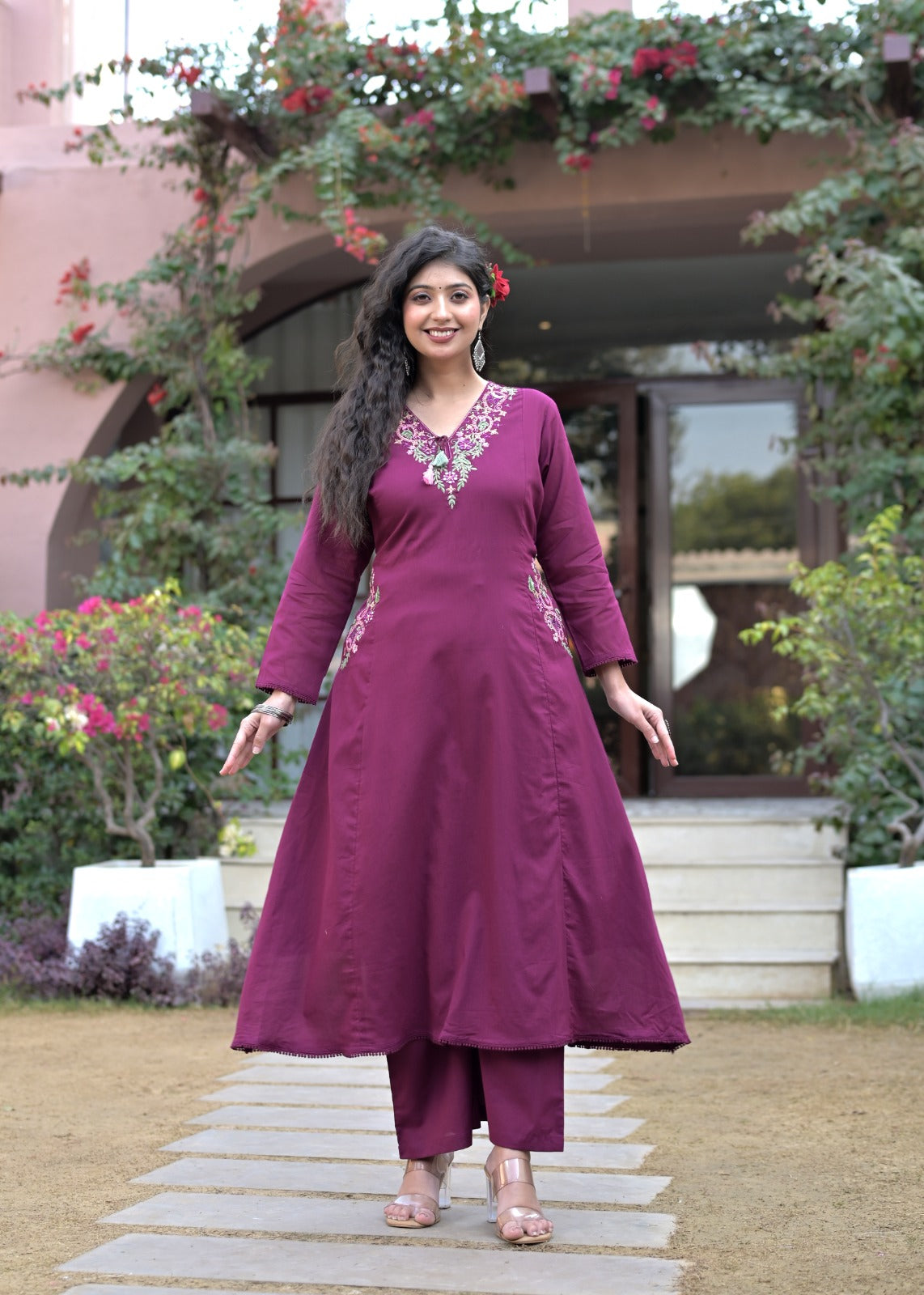 Gindly Purple Floral Embroidery A Line Kurti