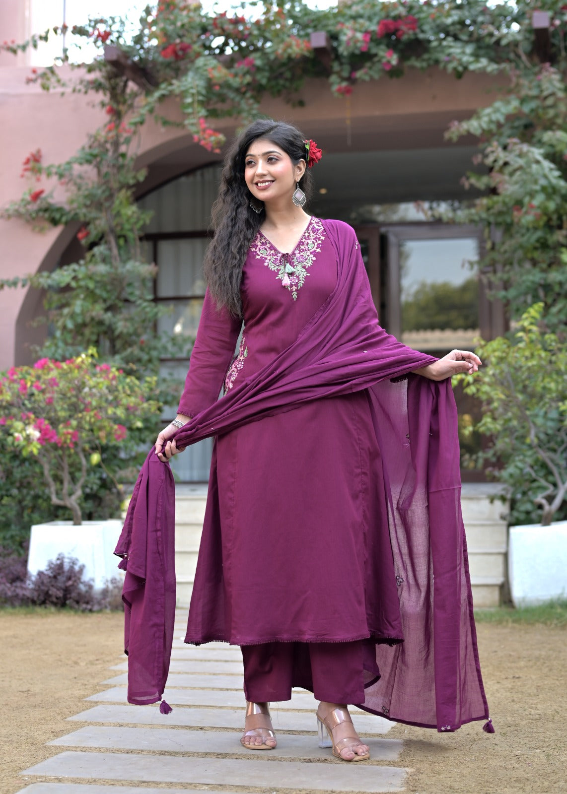 Gindly Purple Floral Embroidery A Line Kurti
