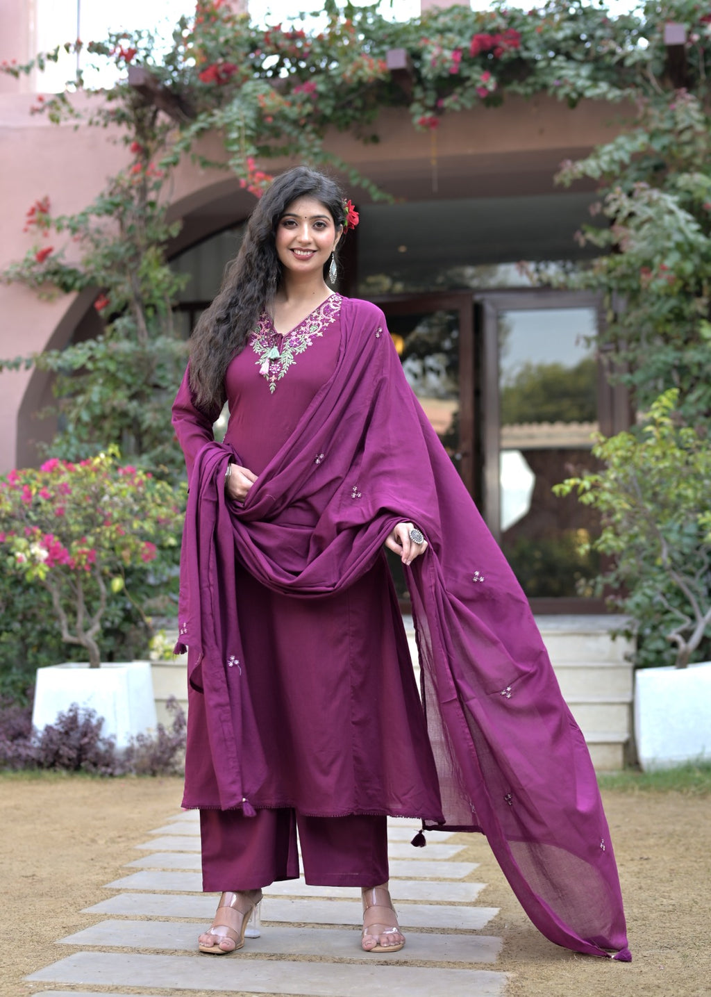 Gindly Purple Floral Embroidery A Line Kurti