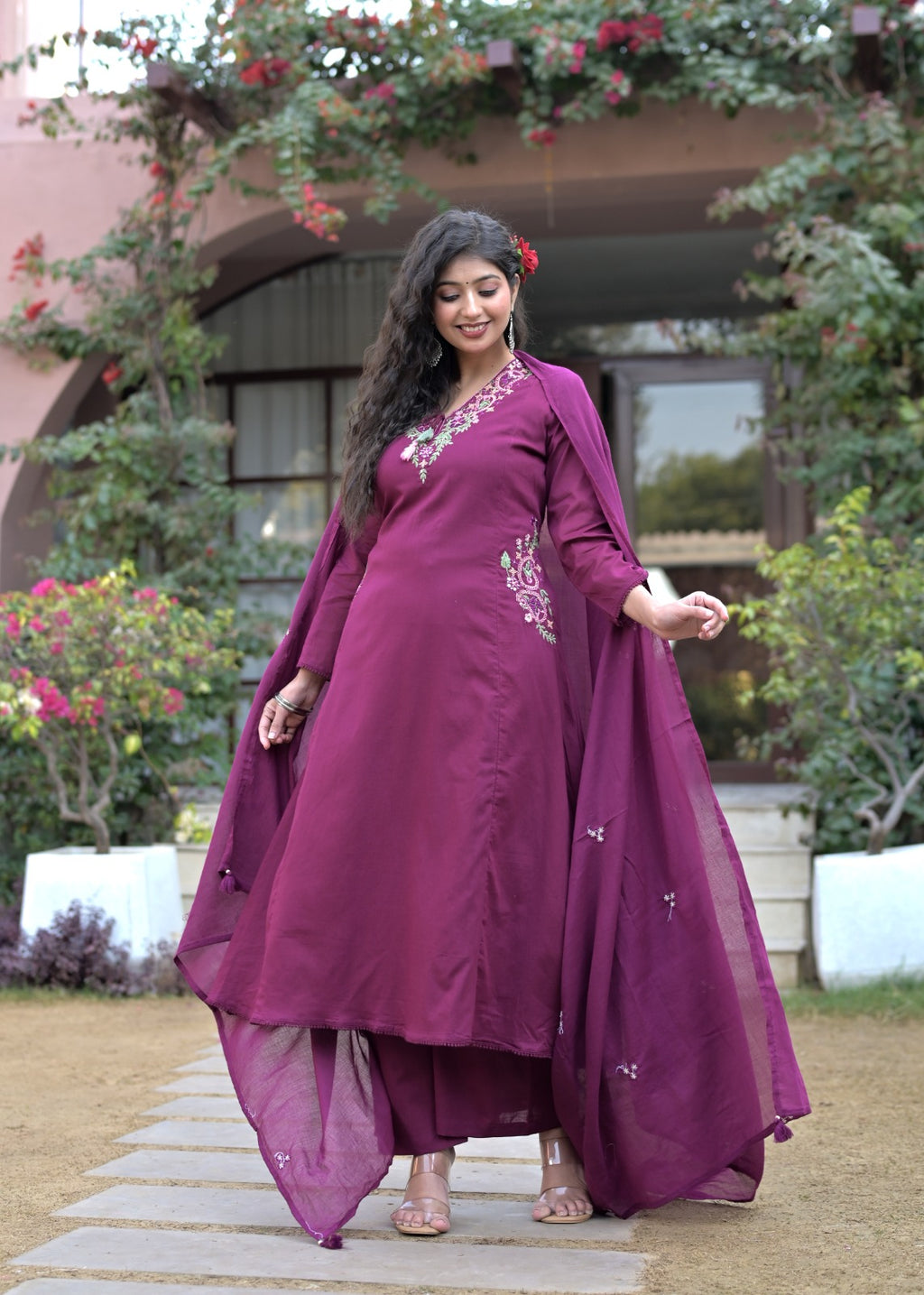 Gindly Purple Floral Embroidery A Line Kurti