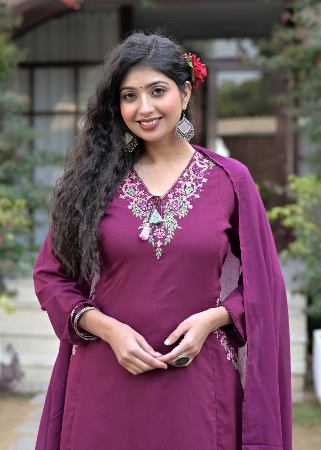 Gindly Purple Floral Embroidery A Line Kurti