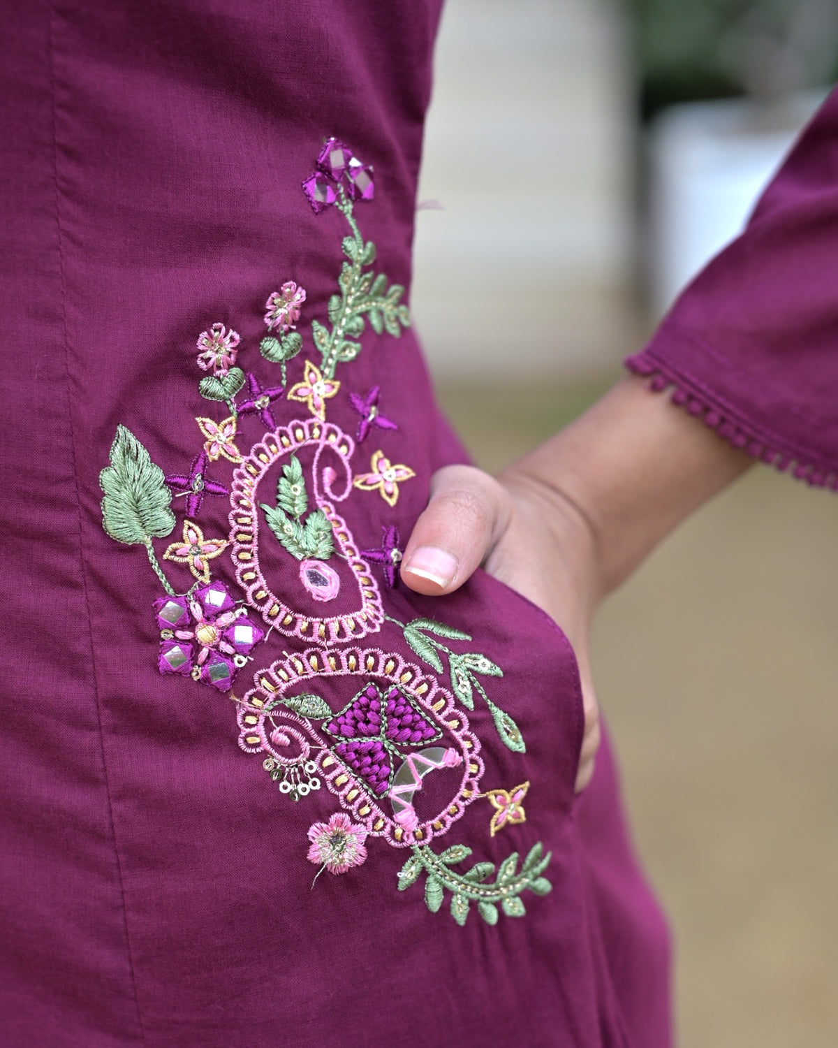 Gindly Purple Floral Embroidery A Line Kurti