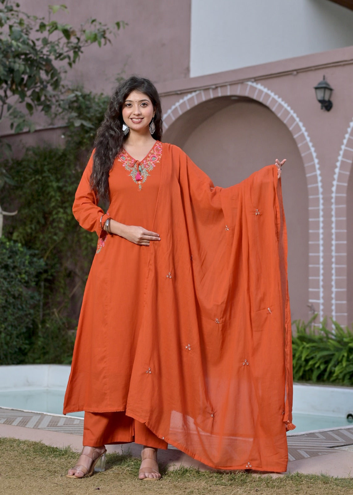Gindly Rust Floral Embroidery A Line Kurti