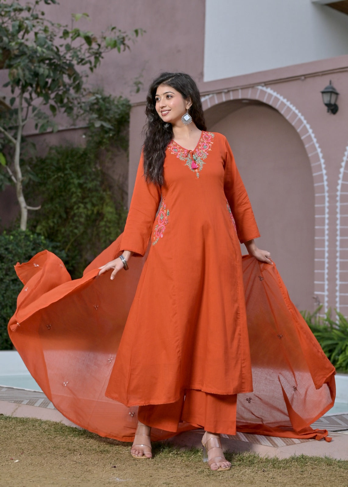 Gindly Rust Floral Embroidery A Line Kurti