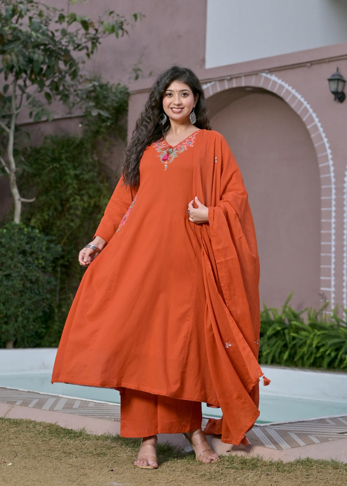 Gindly Rust Floral Embroidery A Line Kurti