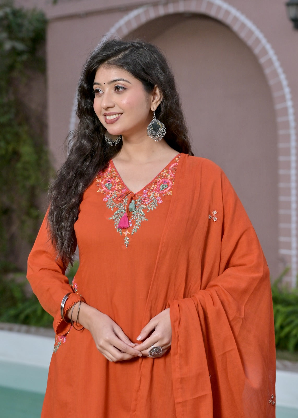Gindly Rust Floral Embroidery A Line Kurti