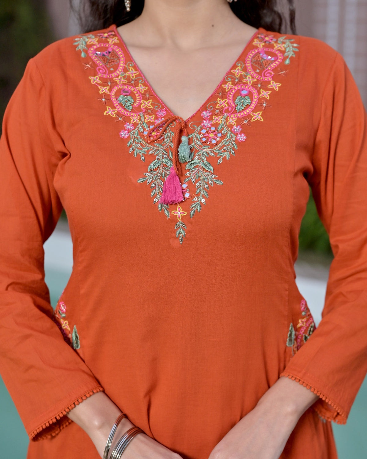 Gindly Rust Floral Embroidery A Line Kurti