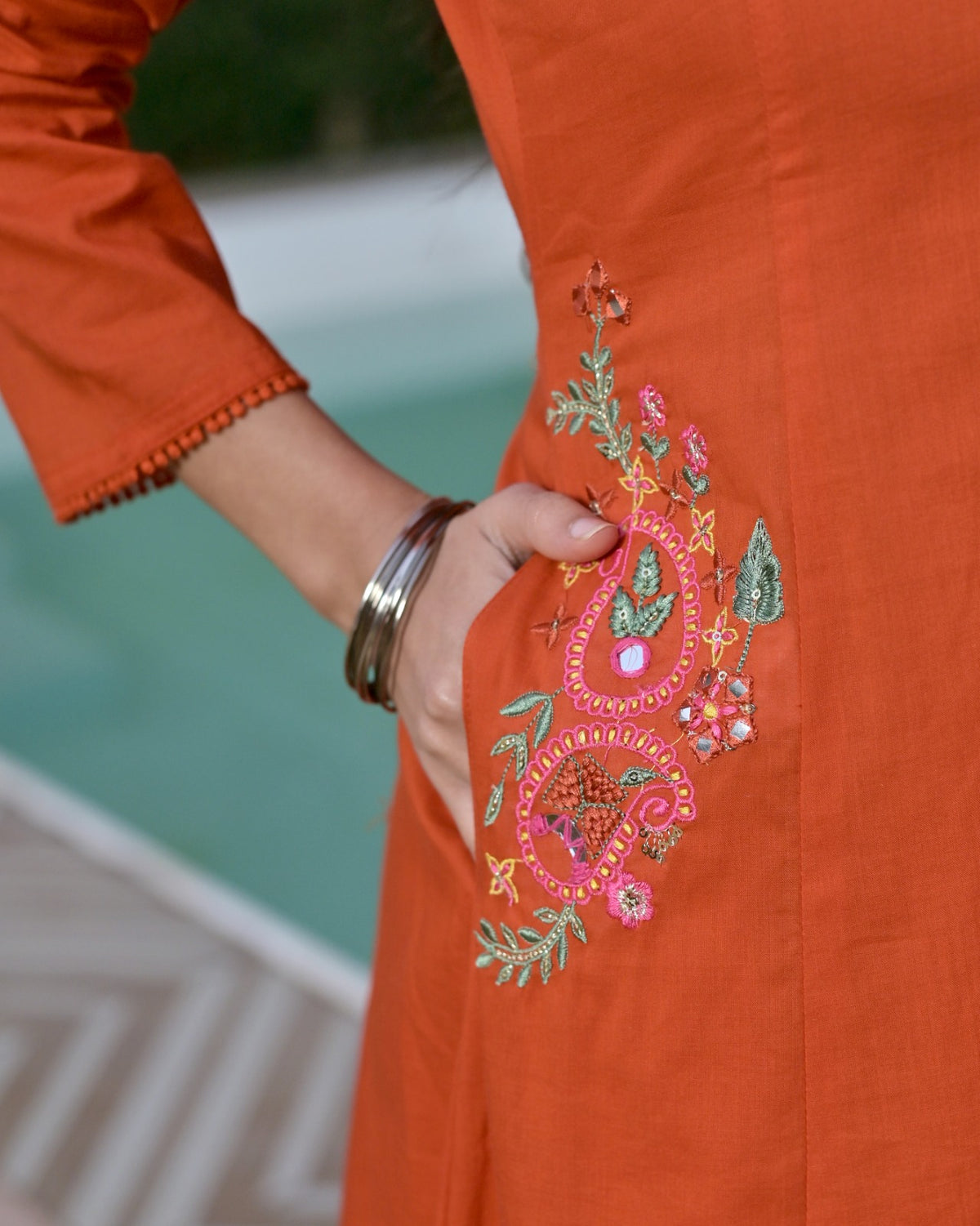 Gindly Rust Floral Embroidery A Line Kurti