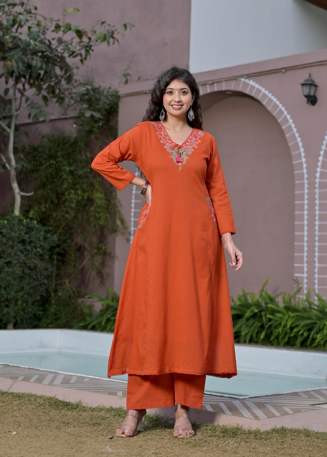 Gindly Rust Floral Embroidery A Line Kurti