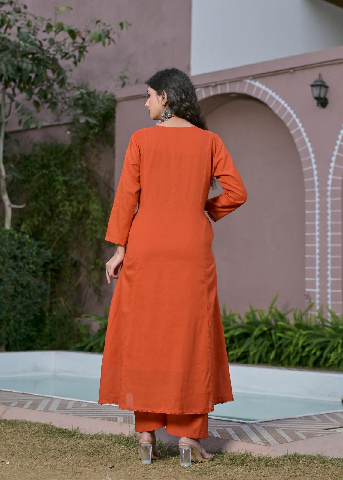 Gindly Rust Floral Embroidery A Line Kurti