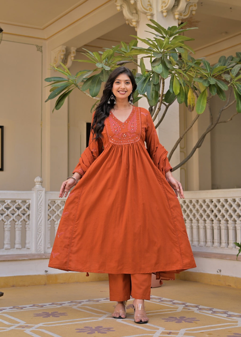 Gindly A-Line Kurta Set With Palazzo & Dupatta