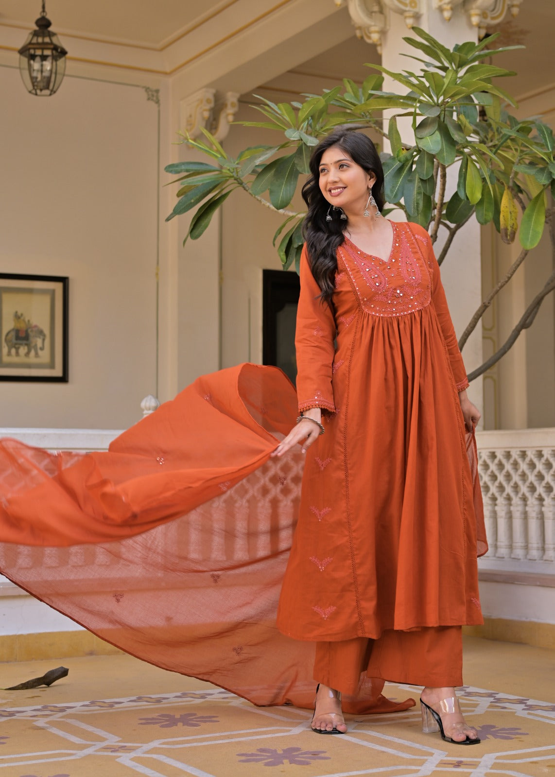 Gindly A-Line Kurta Set With Palazzo & Dupatta